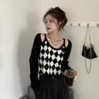Mock Two-piece Argyle Sweater Black - One Size