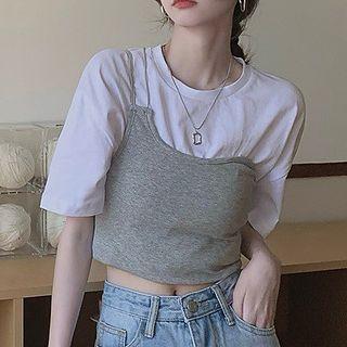 Short-sleeve Mock Two-piece T-shirt Gray & White - One Size