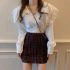 Ruffle Trim Blouse / Lace-up Vest / Lace Trim Plaid Mini Pencil Skirt