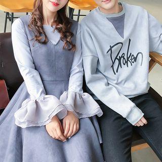Couple Matching Lettering Pullover/ Set: Plain Long Sleeve Top + Pinafore Dress