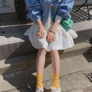 Puff-sleeve Smile-printed Denim Jacket Blue - One Size