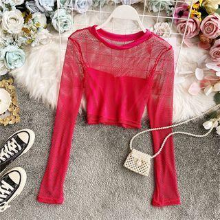 Plain Mesh Long-sleeve Cropped Top
