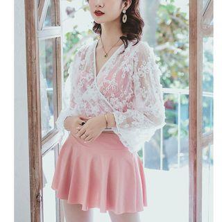 Set: Tankini Top + Swim Skirt + Lace Cover-up