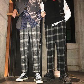 Couple Matching Cropped Plaid Straight-leg Pants