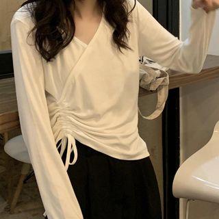 V-neck Drawstring Long-sleeve T-shirt / Striped Long-sleeve T-shirt