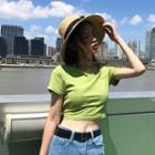 Short-sleeve Tie-back Cropped T-shirt Green - One Size