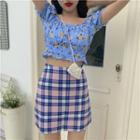 Floral Short-sleeve Slim-fit Cropped Top / Plaid Skirt