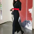 Long-sleeve Turtleneck Two-tone Midi Knit Dress Black - One Size