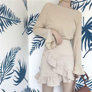 Set: Plain Long-sleeve T-shirt + Ruffle Trim A-line Skirt