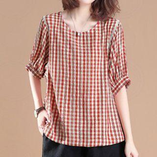 Elbow-sleeve Checker Blouse