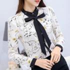 Long-sleeve Tie-neck Floral Blouse