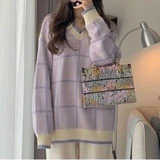 V-neck Plaid Sweater / High-waist Wide-leg Pants / Set