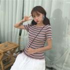 Striped Frill-trim Short-sleeve Slim-fit T-shirt