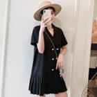 Short-sleeve Double-breasted Mini A-line Pleated Dress