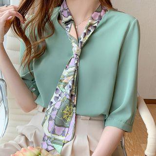 Elbow-sleeve Mock-tie Chiffon Blouse