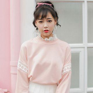 Long-sleeve Frilled Collar Crochet Trim Pullover / Pleated Skirt