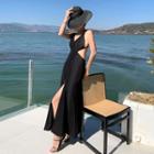 Spaghetti-strap Open-back Slit Midi A-line Dress