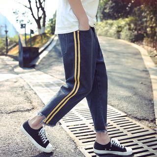 Frayed Hem Striped Cropped Jeans