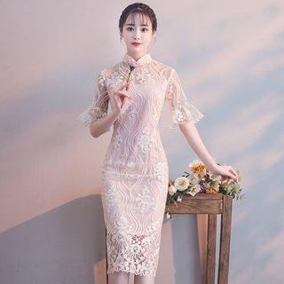 Elbow-sleeve Lace Midi Qipao Sheath Dress
