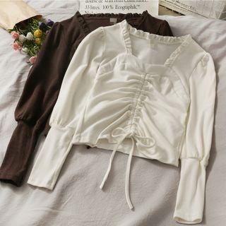 Square-neck Plain Pleated Top