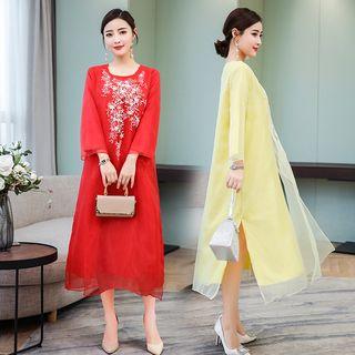 Long-sleeve Embroidered Mesh Overlay A-line Midi Dress
