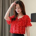 Flower Print Ruffle Short-sleeve Chiffon Blouse