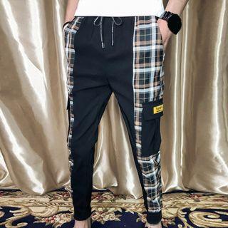 Plaid Panel Drawstring Cargo Pants