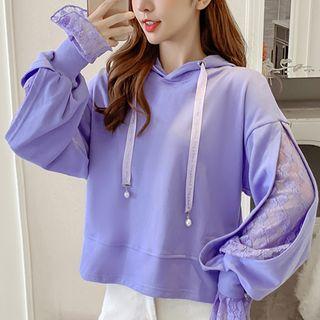 Lace Panel Faux Pearl Strap Hoodie