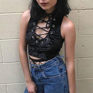 Lace-up Sleeveless Cropped Velvet Top