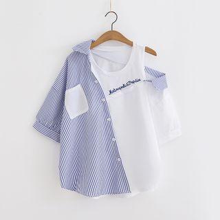 Mock Two-piece Asymmetric Striped Panel Short-sleeve Top
