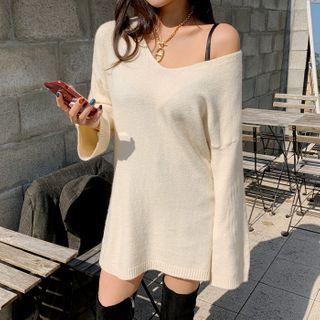 V-neck Slit-side Mini Sweater Dress