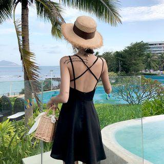 Plain Spaghetti Strap Open-back Mini A-line Dress