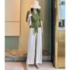 Tie-waist V-neck Satin Top + Wide-leg Pants