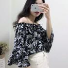 Off-shoulder 3/4-sleeve Floral Print Top As Shown In Figure - One Size
