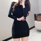 Long-sleeve Cutout Mini Knit Sheath Dress Black - One Size