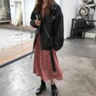 Faux Leather Jacket / Long-sleeve Floral Midi Chiffon Dress