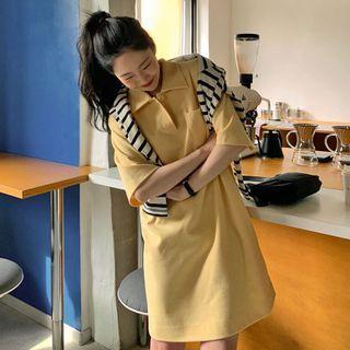 Elbow-sleeve Mini A-line Polo Dress Yellow - One Size