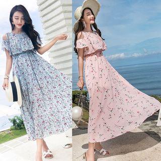 Floral Print Cold Shoulder Midi Chiffon Sundress