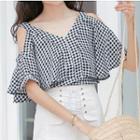 Cold Shoulder V-neck Gingham Top