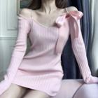 Cold-shoulder Bow Accent Knit Mini Sheath Dress Pink - One Size