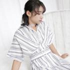 Striped Short-sleeve Midi Shirtdress With Belt