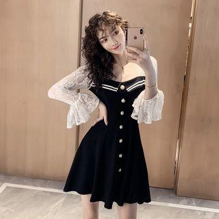 Mock Two-piece Lace Long-sleeve A-line Dress
