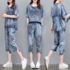 Set: Denim Short-sleeve Top + Crop Harem Jeans
