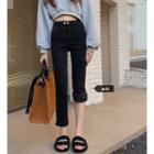 High-waist Slit Fleece-lined Shift Jeans
