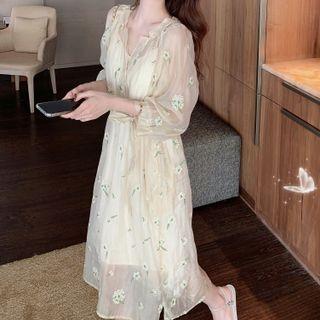 Set: Long-sleeve Floral Midi Dress + Slipdress