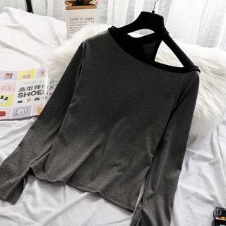 Shoulder Cut Out Long-sleeve Top Gray - One Size
