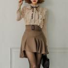 Set: Mock-neck Ruffled Blouse + Mini A-line Skirt