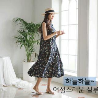 V-neck Sleeveless Long Floral Dress With Sash