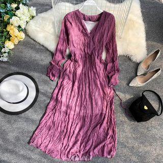 Long-sleeve Crinkled Dotted Midi A-line Dress