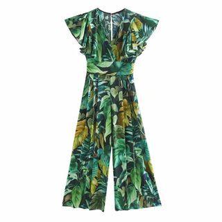 Sleeveless Leaf Print Wide-leg Jumpsuit
